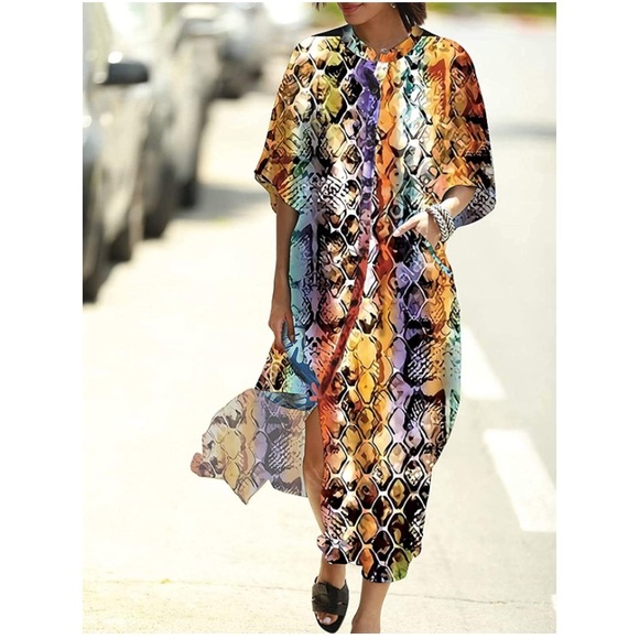 Maxi Dress Loose Caftan Bikini Cover Up Shirt Dress Snake Prints - Picture 3 of 7